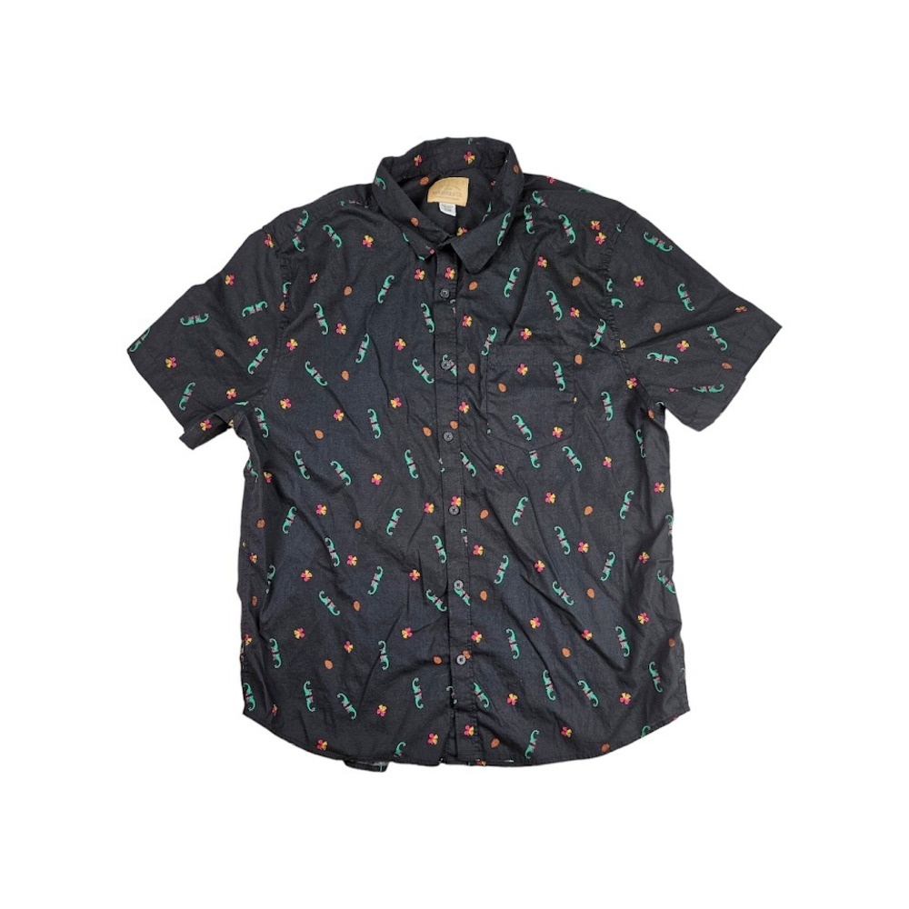 Roebuck Co Shirt Mens Size XL Black Christmas Elf Bells Button Up All Over Print